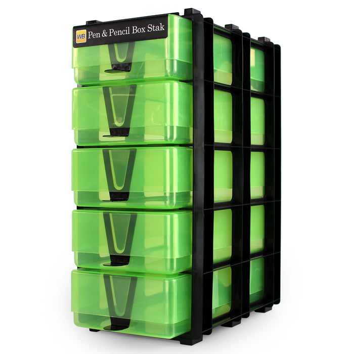 WestonBoxes pen and pencil storage box stacking unit for arts and crafts supplies green transparent