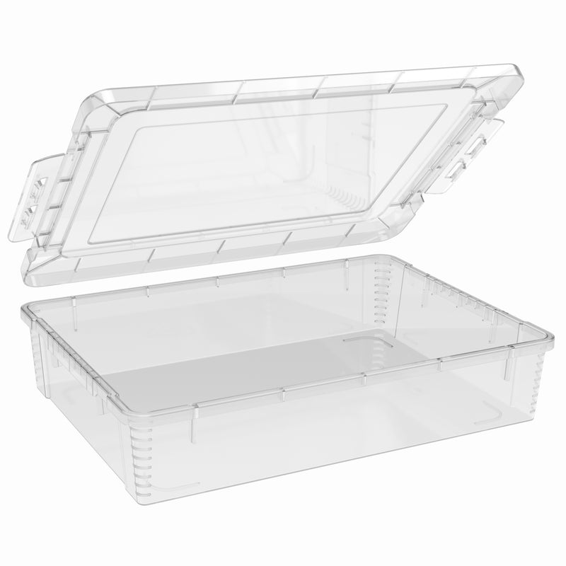 Clear plastic storage box with a clip on lid 65mm deep ideal for pens pencils and stationery storage
