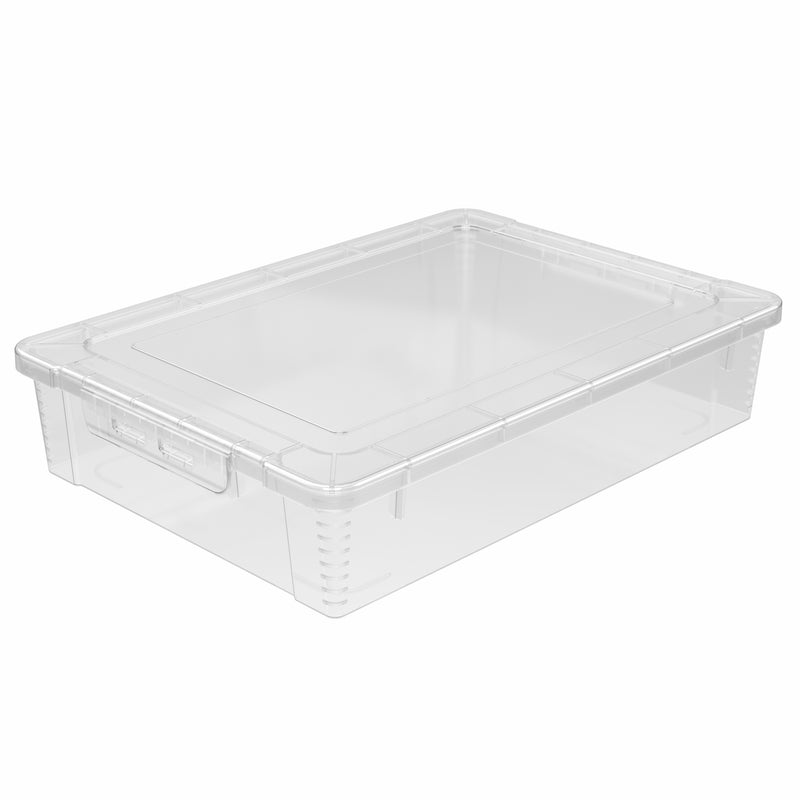 Clear plastic storage box with a clip on lid designed to hold A4 paper and art and craft supplies