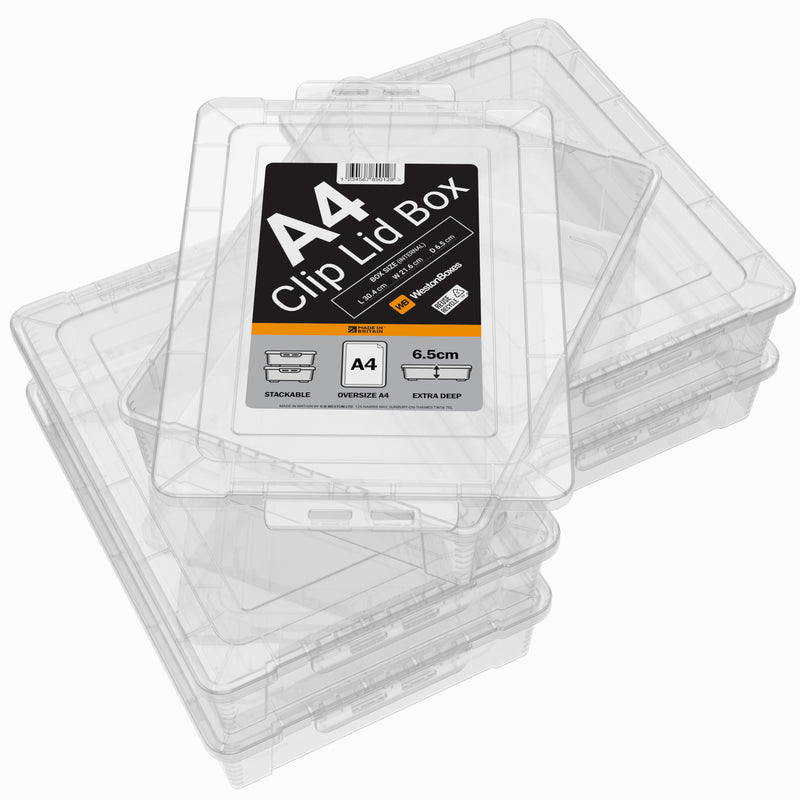 Stack of clear A4 clip lid boxes with a visible brand label on a white background