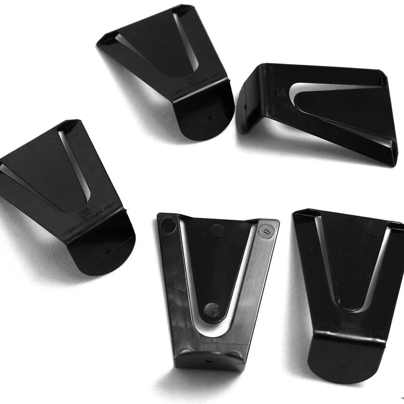Five black plastic slip-on handles for A4 paper storage boxes