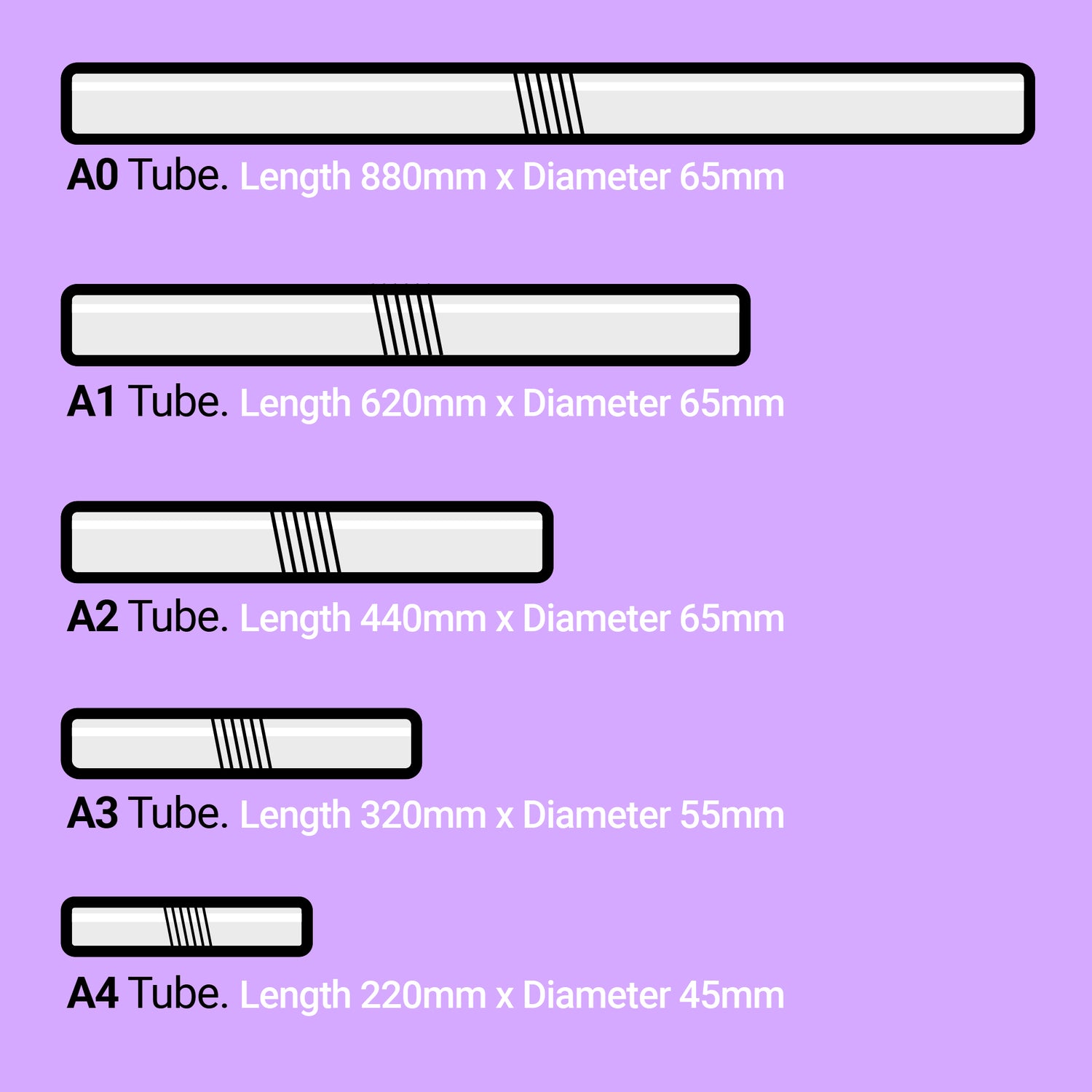 Poster Tubes A0 - A4 size clear plastic document storage.