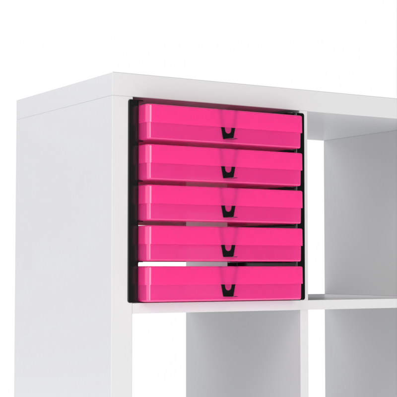 Five translucent pink A4 paper storage boxes shelved on black inserts inside an IKEA Kallax cube