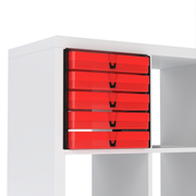 Five translucent red A4 paper storage boxes shelved on black inserts inside an IKEA Kallax cube
