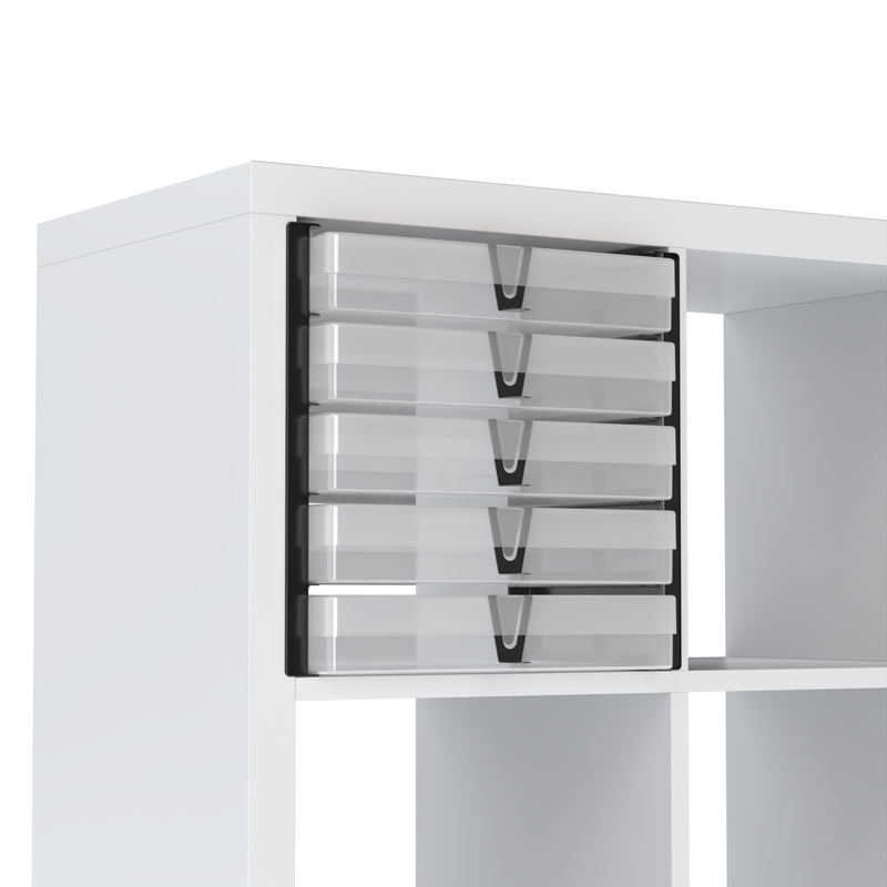 IKEA Kallax cube fitted with black shelf inserts holding five clear WestonBoxes A4 storage boxes