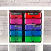 WestonBoxes IKEA Kallax compatible storage pack — A5 Box Stak and Pen & Pencil Box Stak in mixed colours inside a Kallax unit