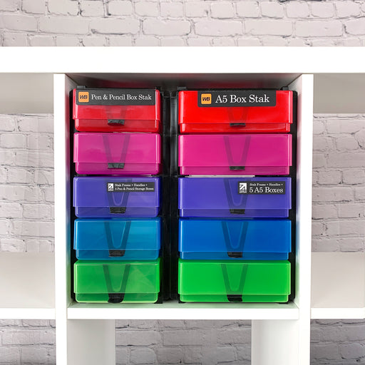 WestonBoxes IKEA Kallax compatible storage pack — A5 Box Stak and Pen & Pencil Box Stak in mixed colours inside a Kallax unit