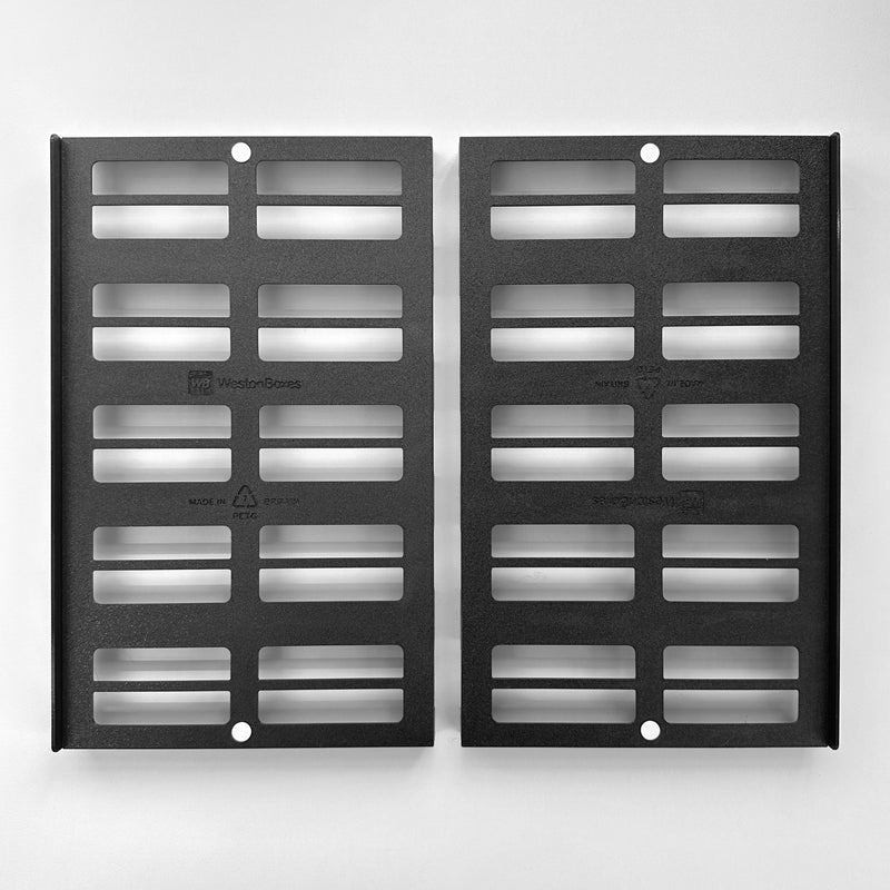 Pair of black Kallax shelf inserts to hold A4 storage boxes