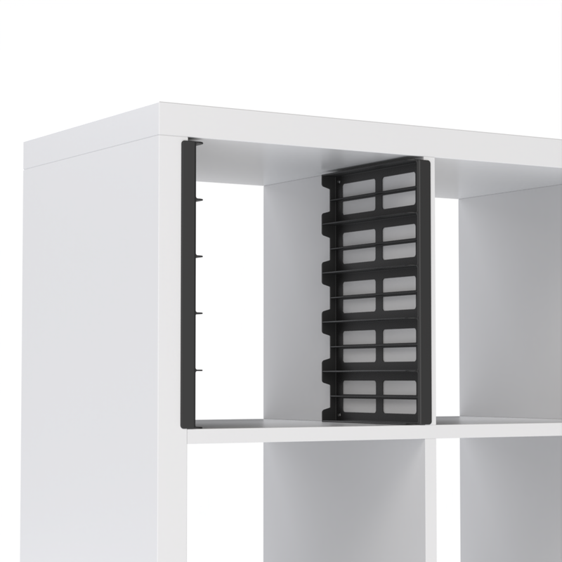 Empty black Kallax shelf inserts fitted in an IKEA Kallax cube, ready to hold five WestonBoxes A4 storage boxes