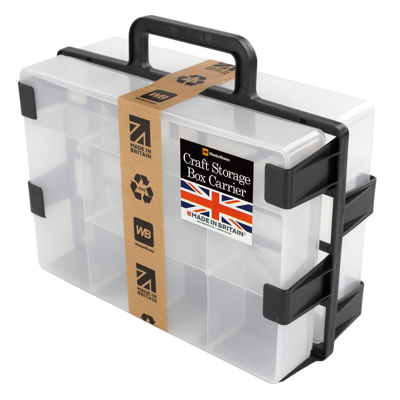 A clear plastic craft storage box carrier ideal for arts and craft supplies - makes your creative supplies portable