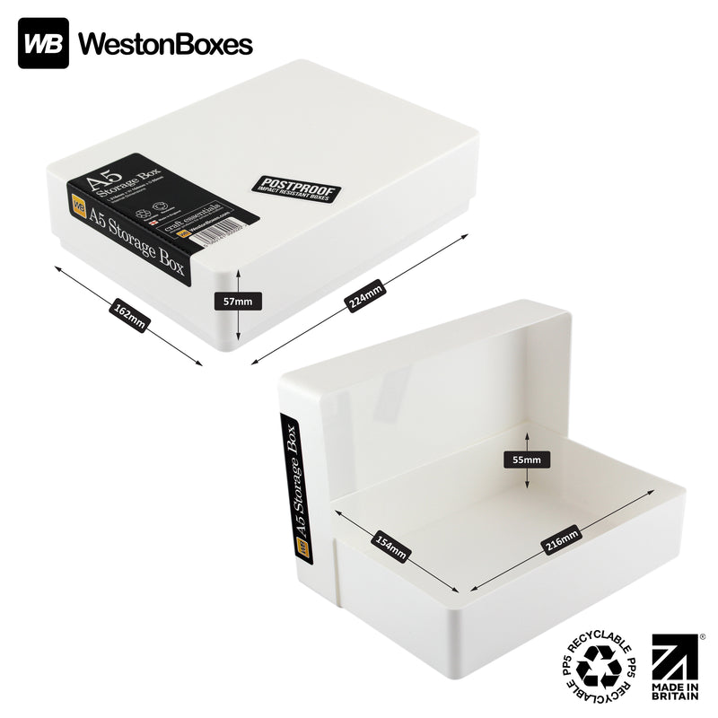 White/Opaque, WestonBoxes A5 internal and external Dimensions
