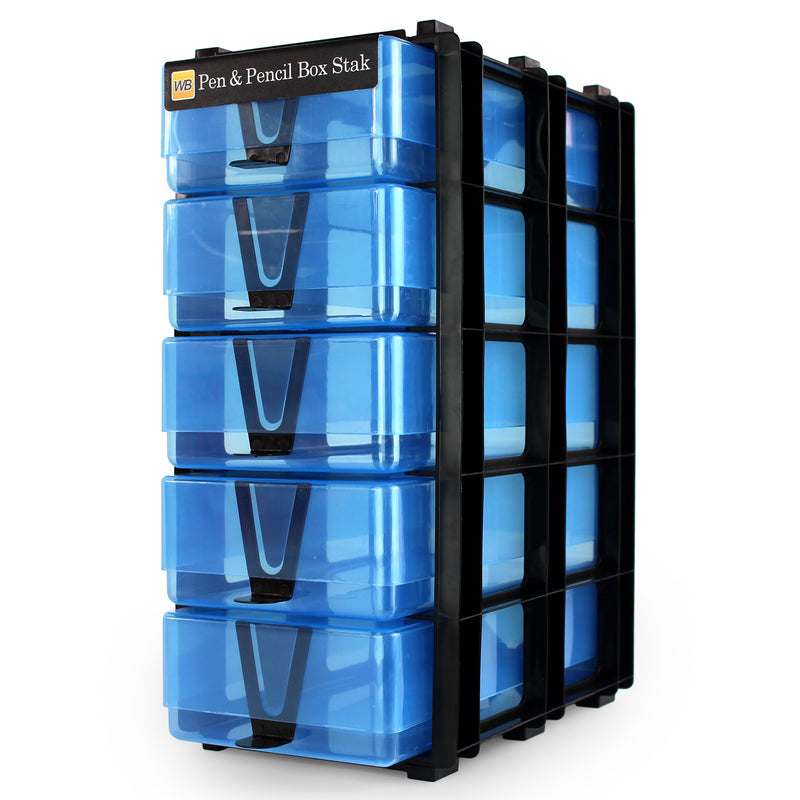WestonBoxes pen and pencil storage box stacking unit for arts and crafts supplies blue transparent